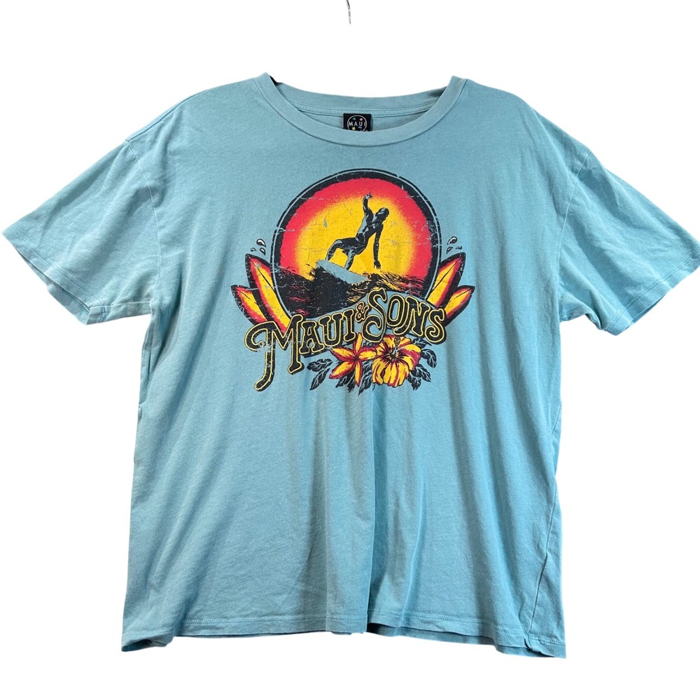Maui and Sons Mens Blue Surfer Graphic T-Shirt Medium Classic Aqua Cotton